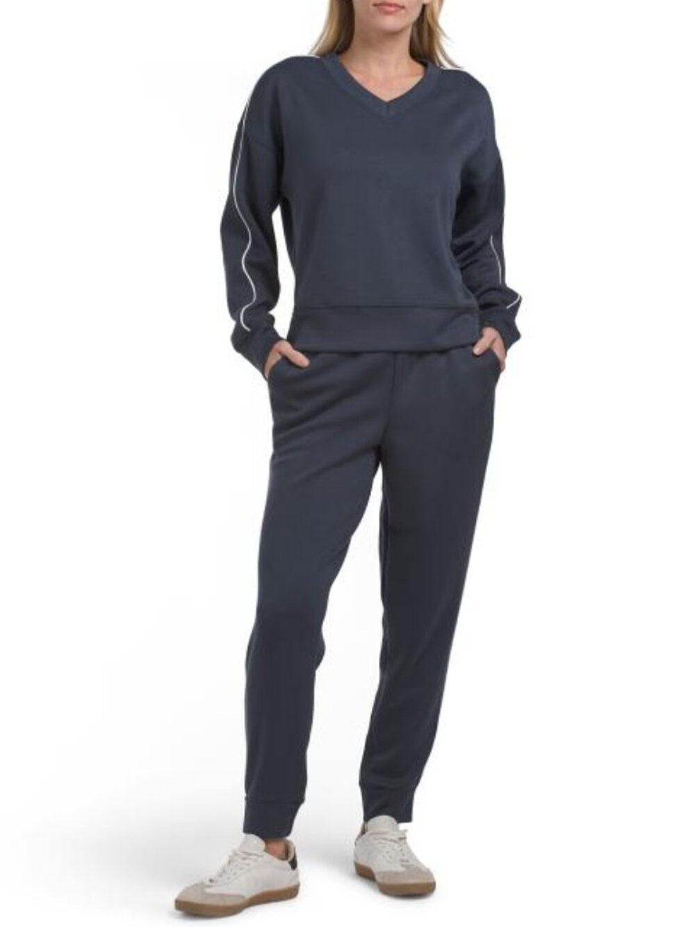 RBX 2pc Soft Luxe V-neck Track Striped Top And Joggers Set